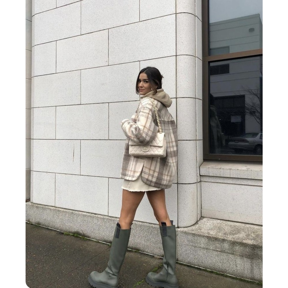 ZARA‎ Plaid Oversized Shacket Jacket Women's XS Beige Brown Button Front